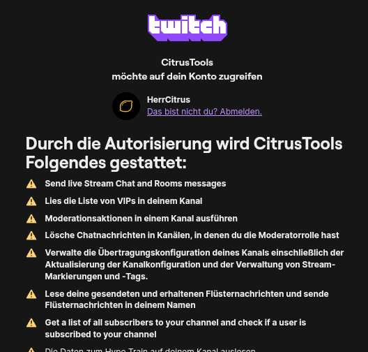Anzeige der OAuth-Verbindung zu Twitch
